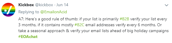 Tweet from Kickbox on how to clean an email list