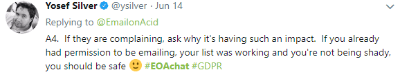 Tweet from Yosef Silver about the benefits of GDPR