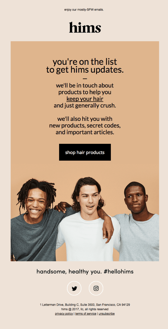 Hims brand welcome email example