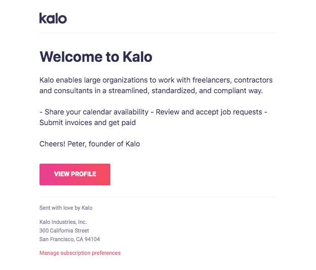 Kalo welcome email