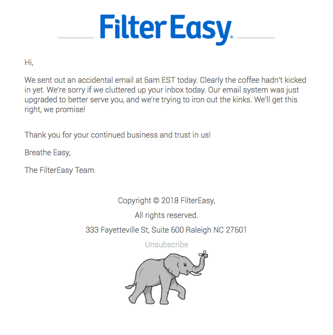 FilterEasy's apology email example