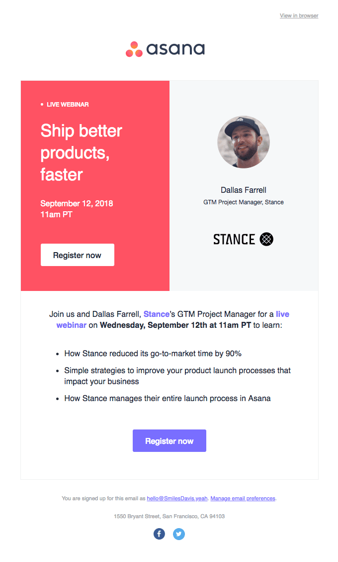 Asana's webinar announcement email example