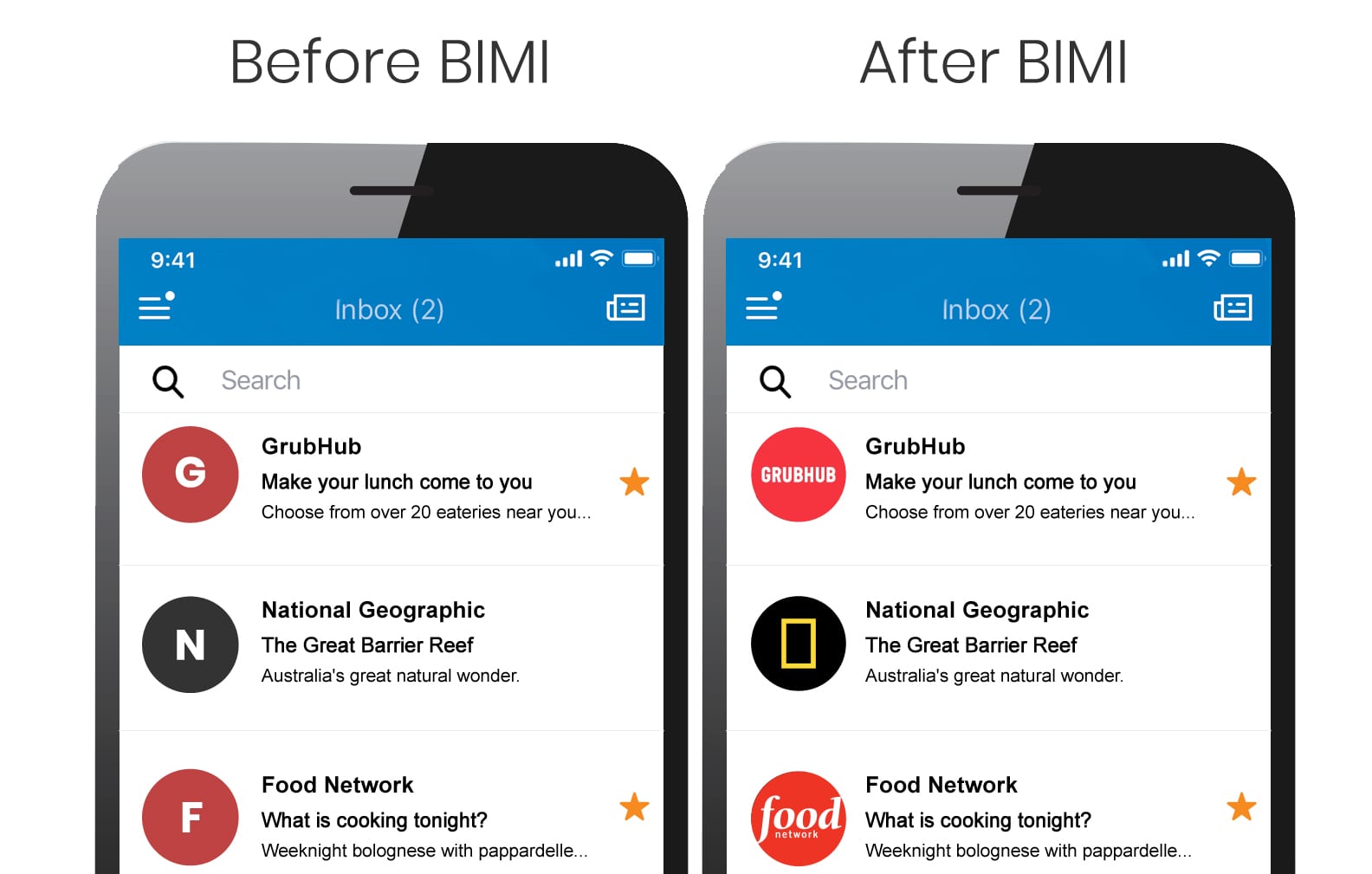 Before and after BIMI email inbox on a mobile device