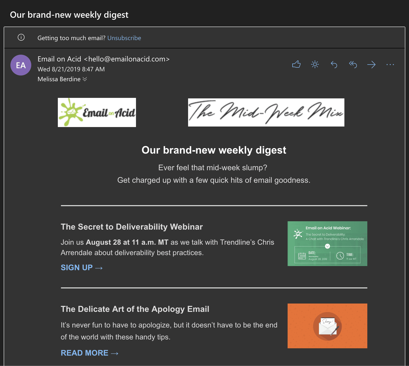 Dark Mode email example