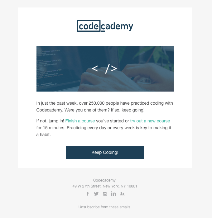 Codecademy email with a single-column layout