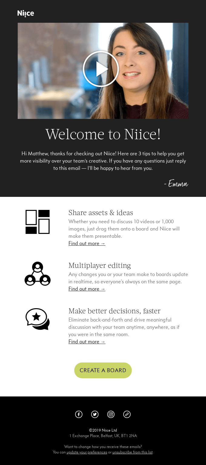 Niice welcome series email