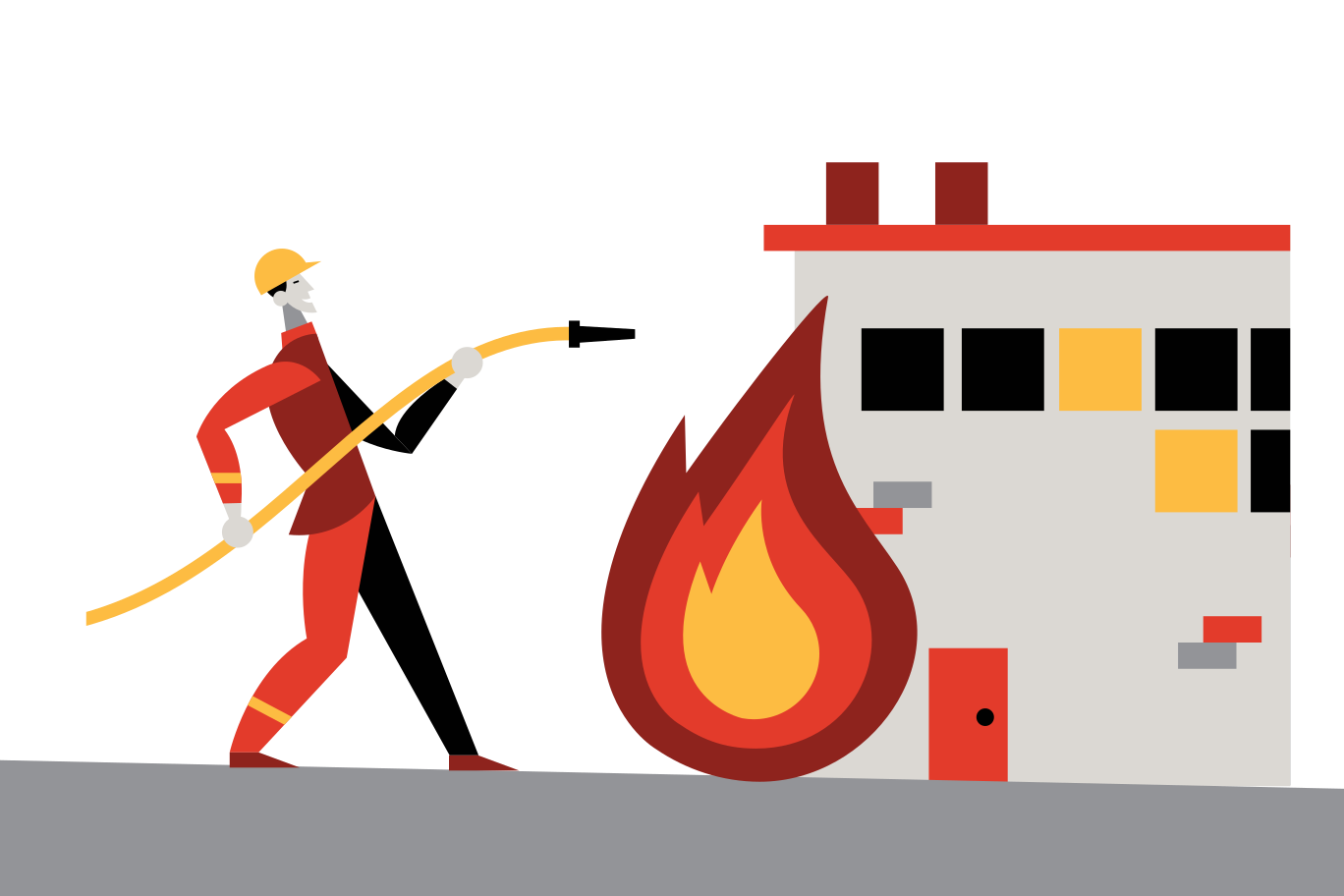 illustration of a firefighter with a hose pointed at a flame.