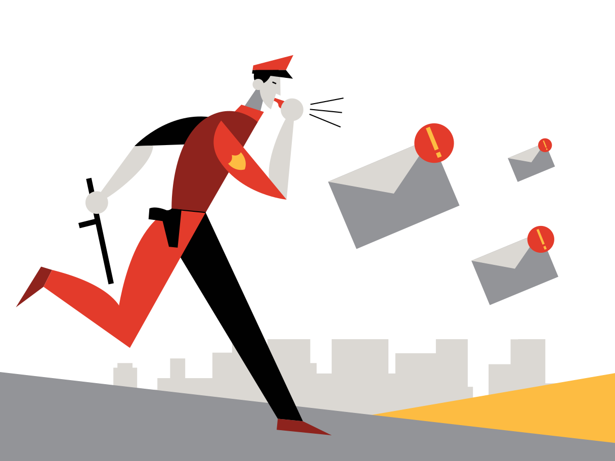 illustration of a first responder chasing email crisis messages