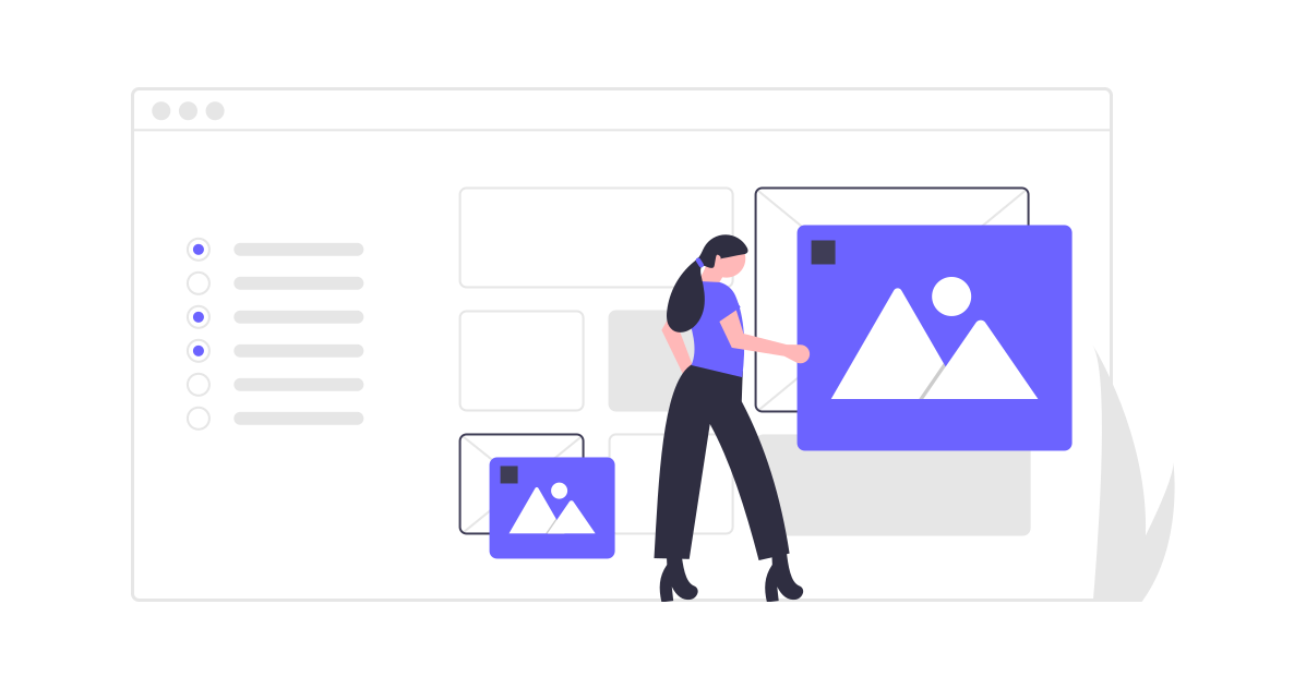 Illustration of woman managing digital design assets for email.