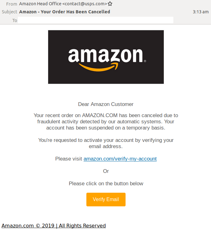 Amazon email phishing example