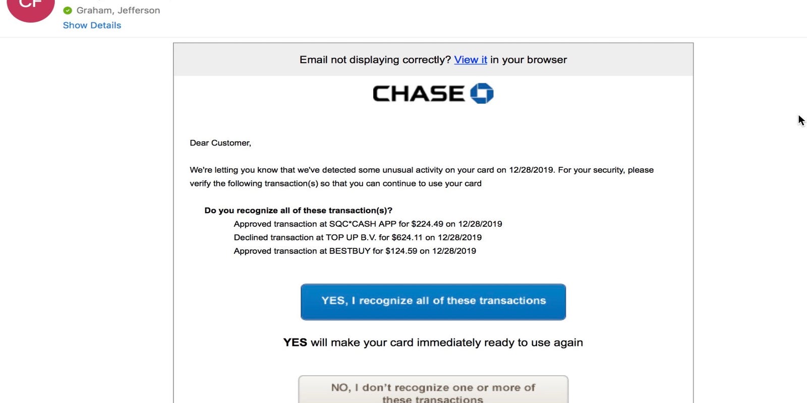 Chase Bank email spoofing example