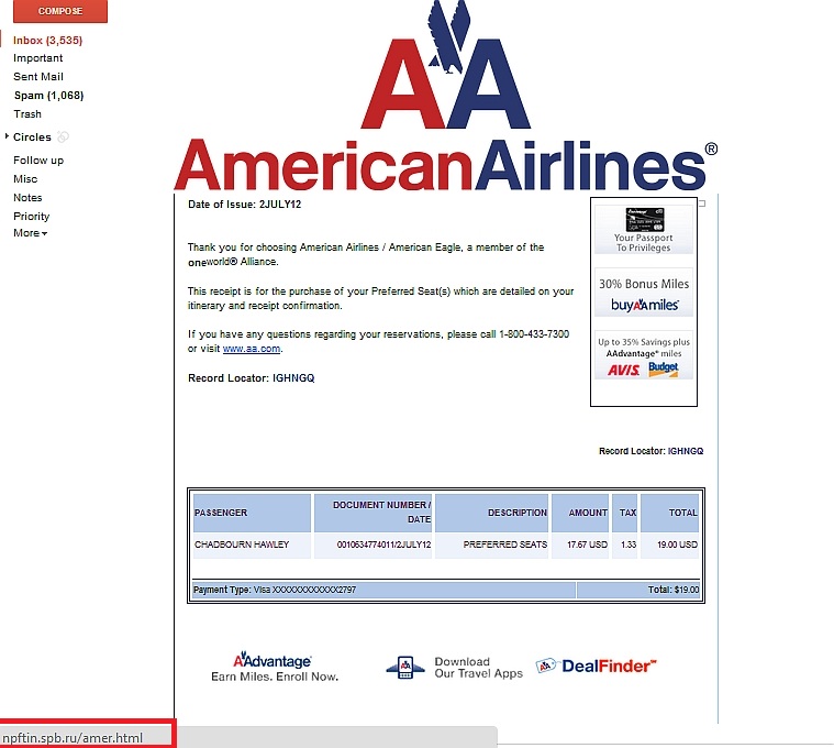 American Airlines email spoofing example