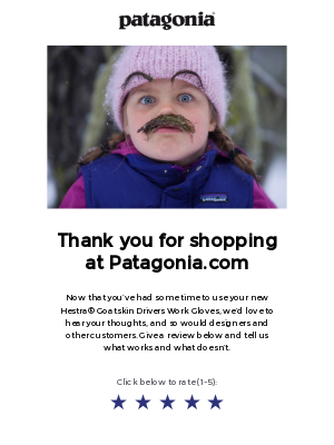 patagonia funny email showing little girl with a mustache