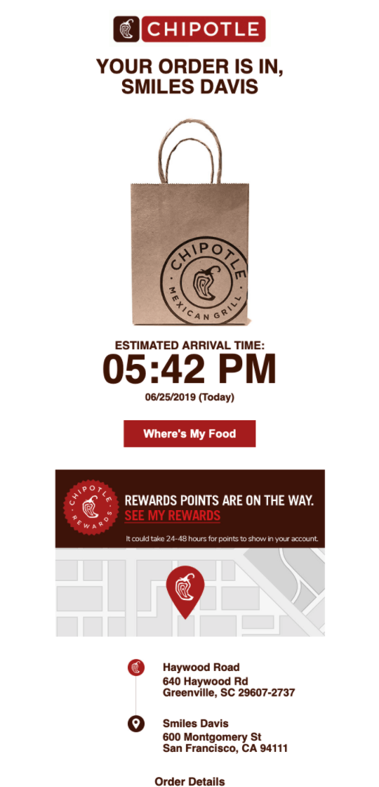 Transactional email design for Chipotle order