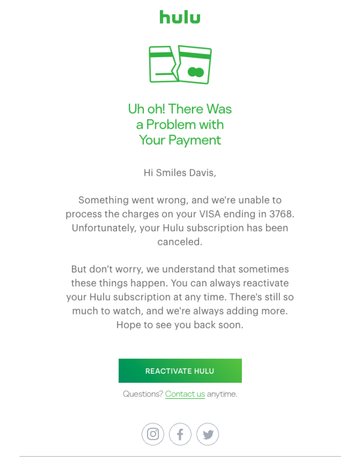 Hulu cancellation transactional email design