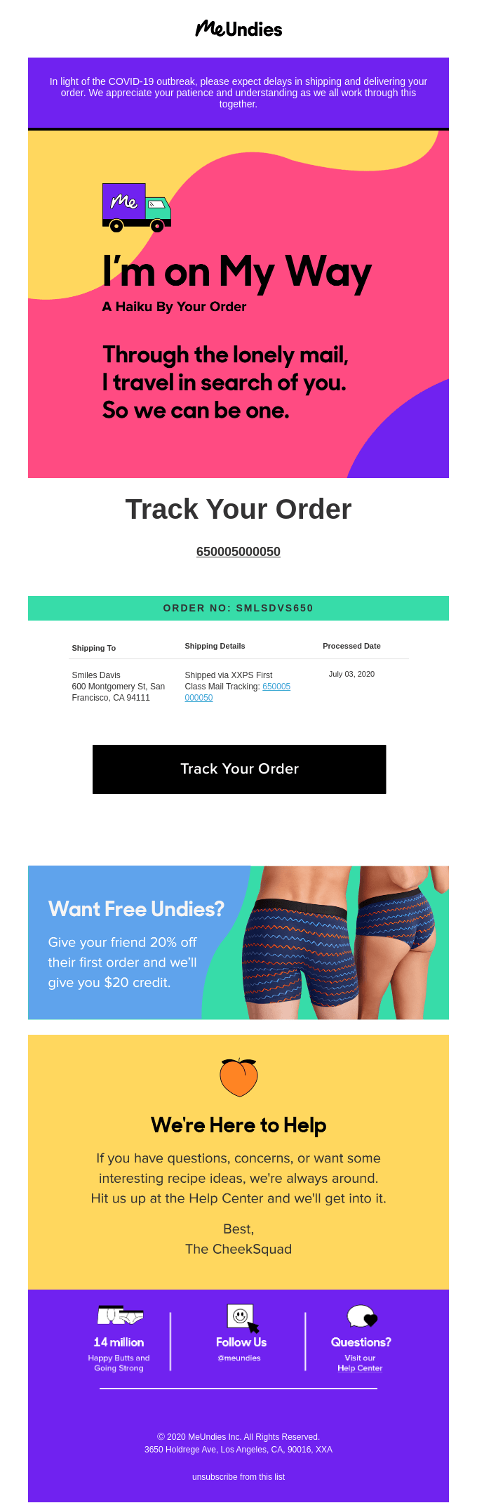 MeUndies transactional email with promotion