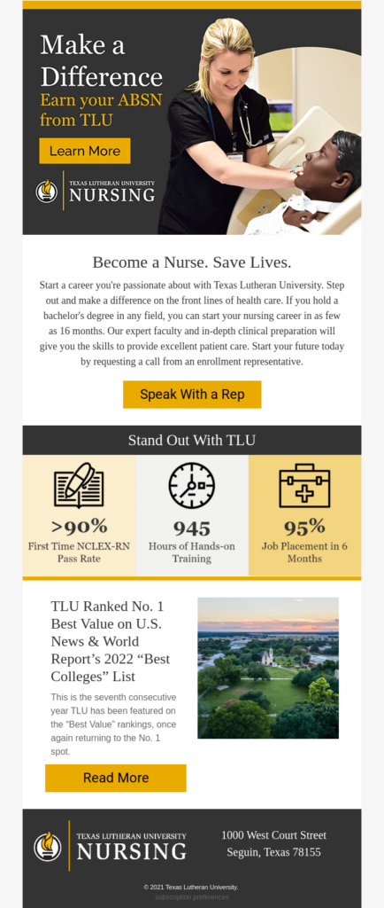 Texas Lutheran University email campaign for nurses.