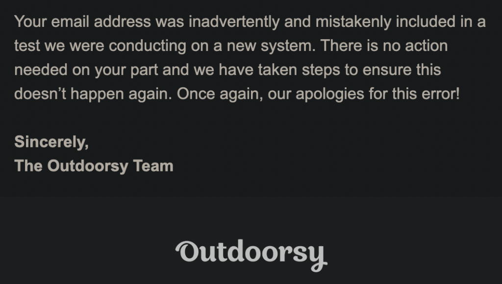 Dark mode oops email from Outdoorsy