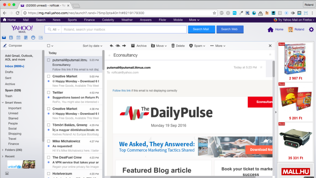 yahoo mail inbox screenshot with three columns