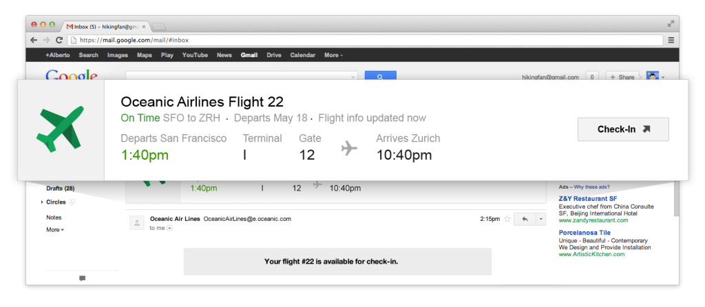 Flight details in Gmail promotions