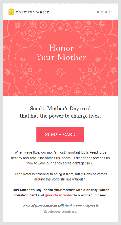 Charity Water's Mother's Day email from 2014