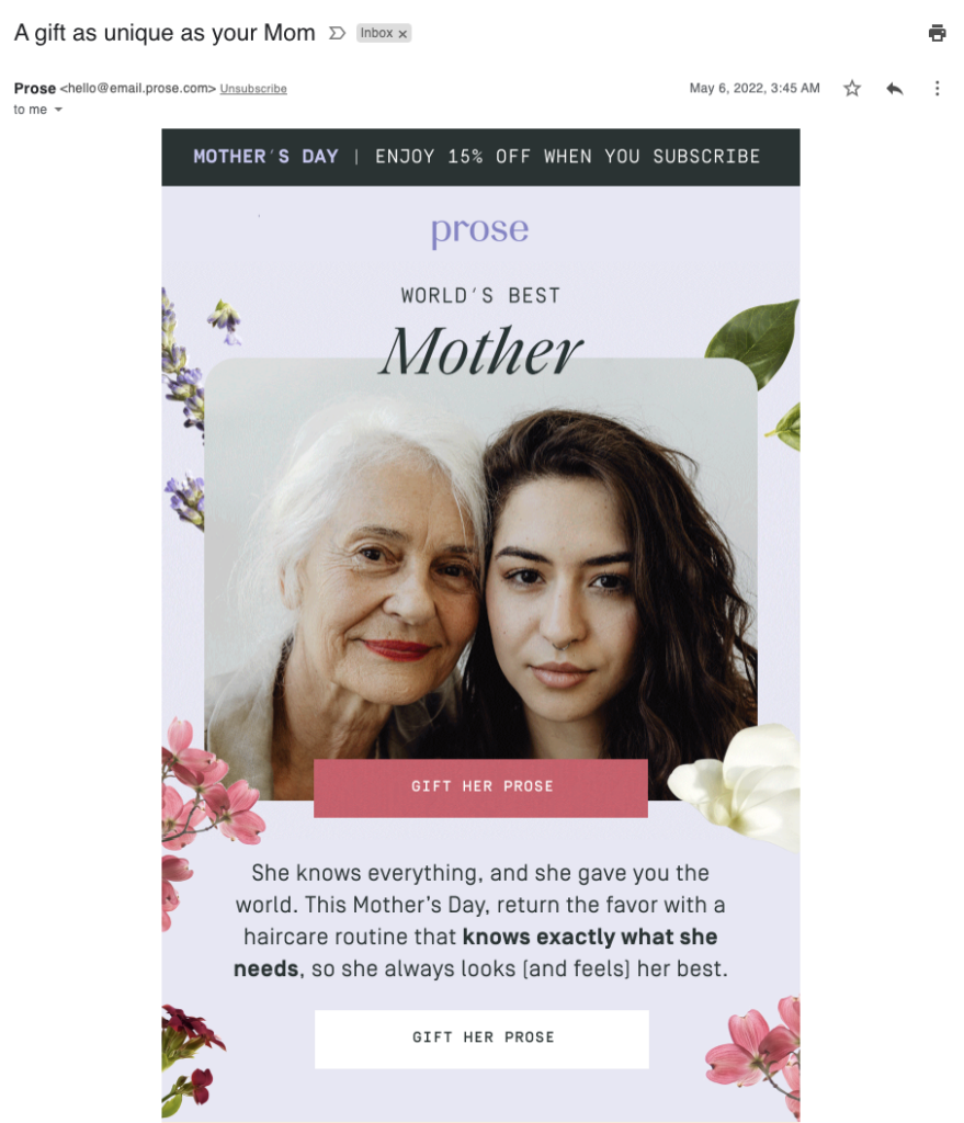 Prose email campaign for Mothers Day