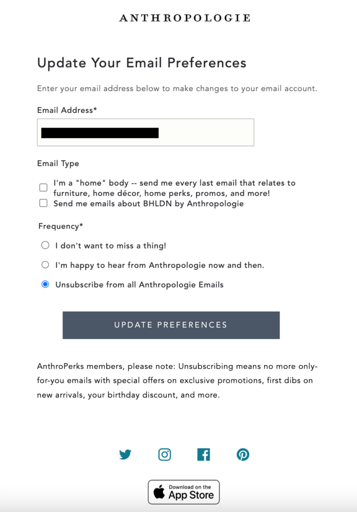 Anthropologie page to update email preferences