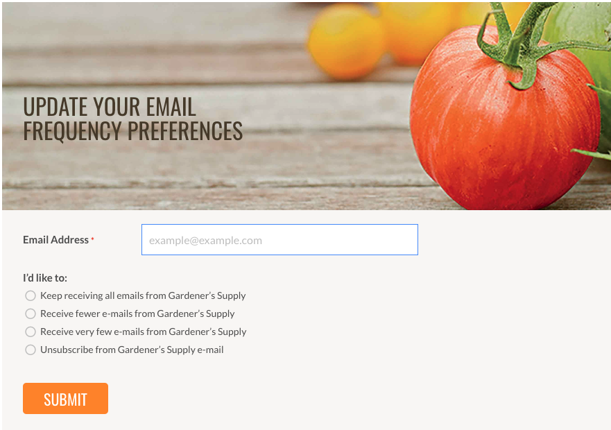 Gardener's Supply email frequency preference page