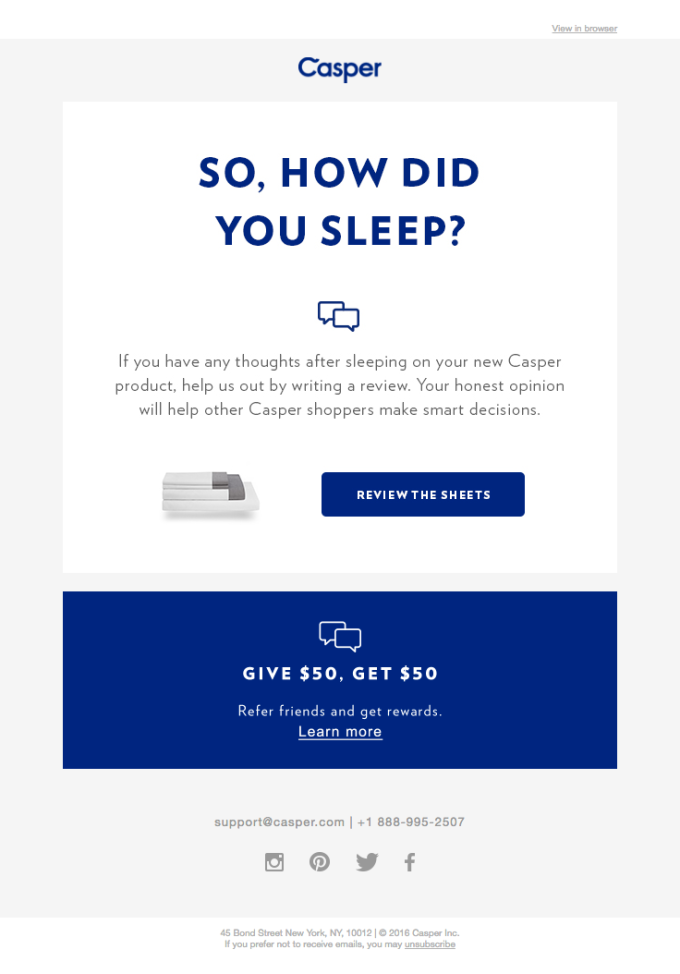 Casper email asking for reviews