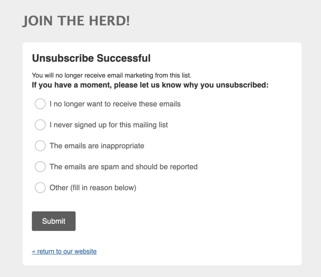 Unsubscribe page survey