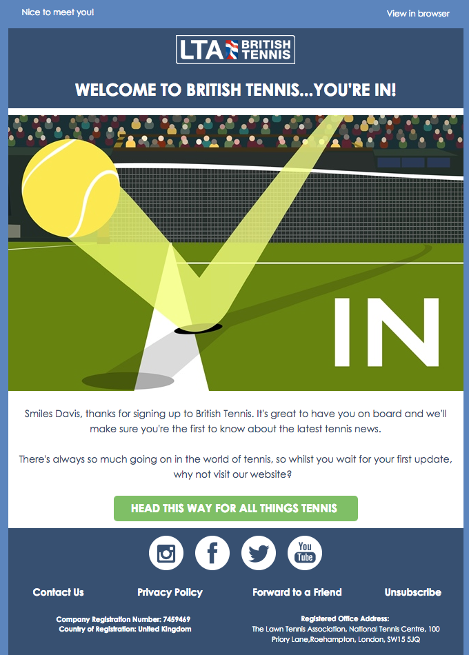 Funny welcome email with tennis joke