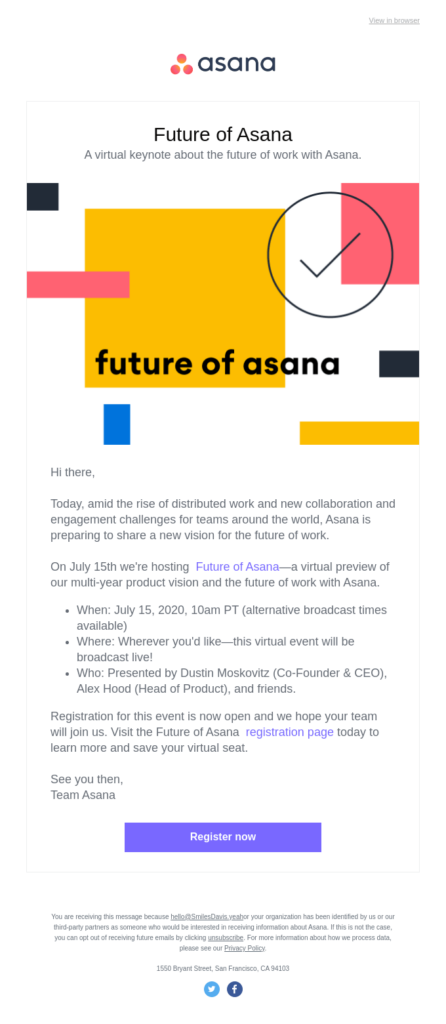 Asana virtual event email