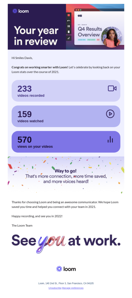 Email from Loom with personalized user statistics