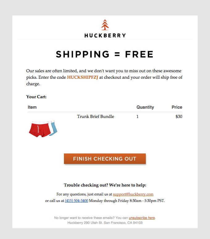 Free shipping email incentive from Huckberry