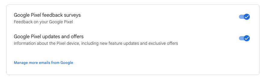 Google pixel toggle options for offer emails
