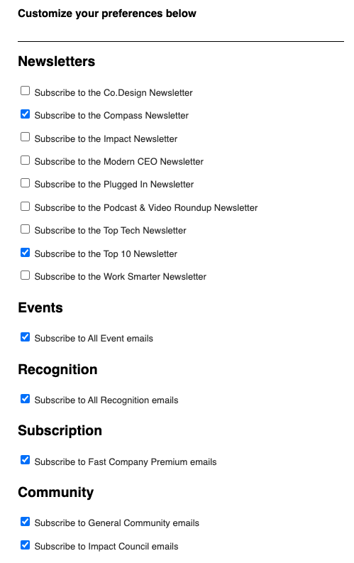 Checkboxes for adjusting email newsletter preferences