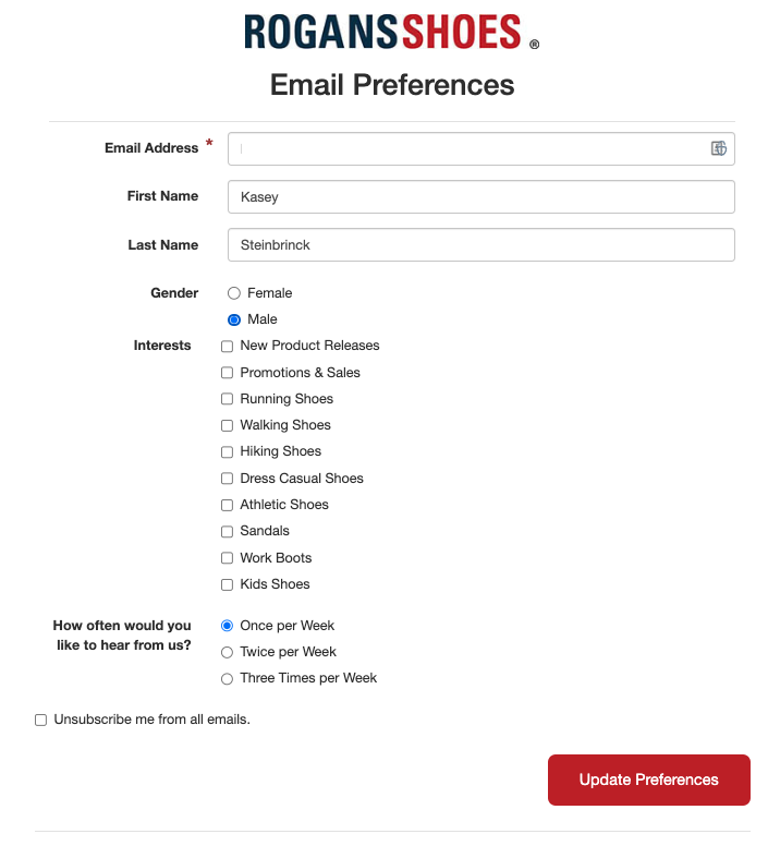 Shoe store email preference center example