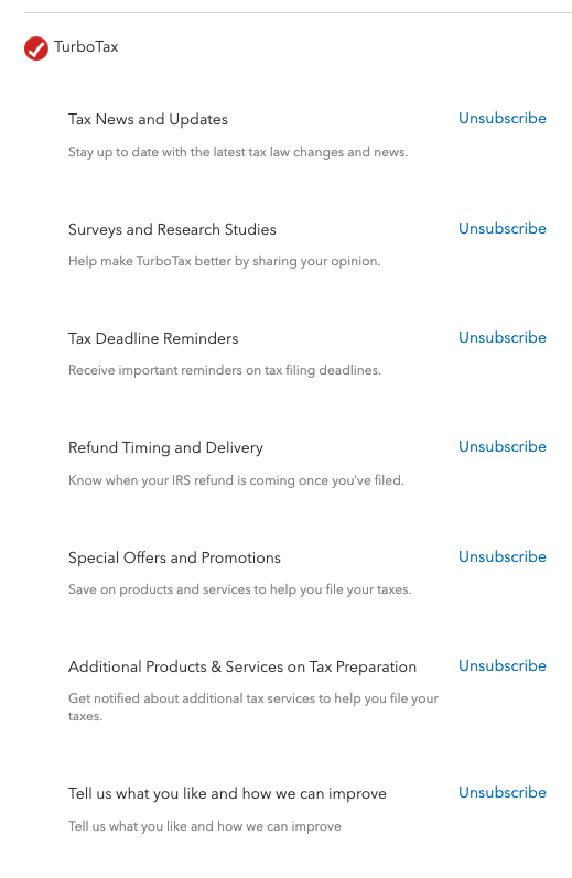 Turbo Tax unsubscribe options