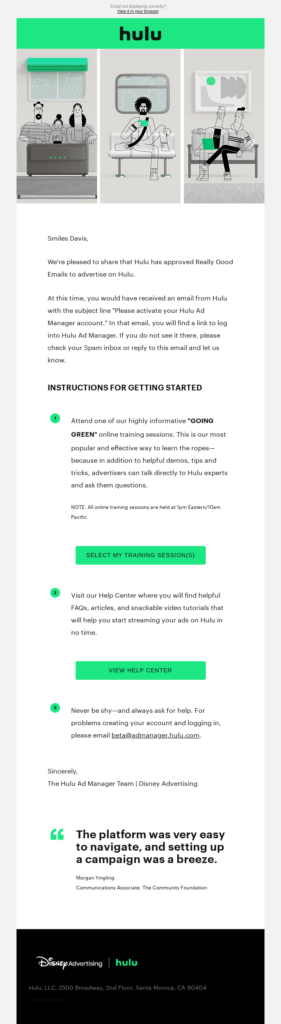 Hulu onboarding email