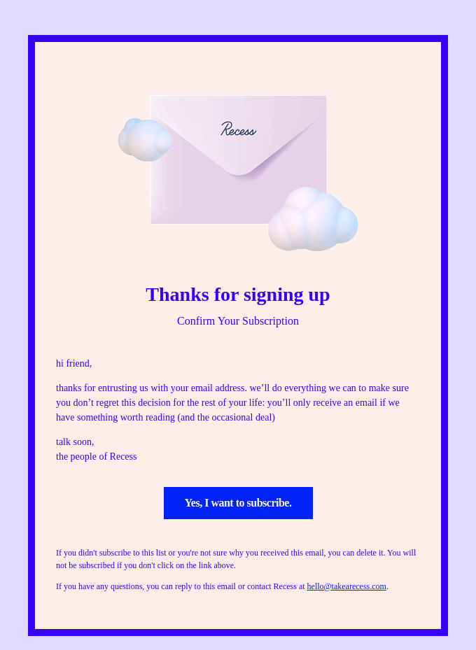 Double opt-in confirmation email from Recess