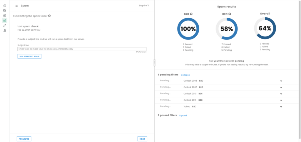 Spam filter test for pre-send email quality assurance