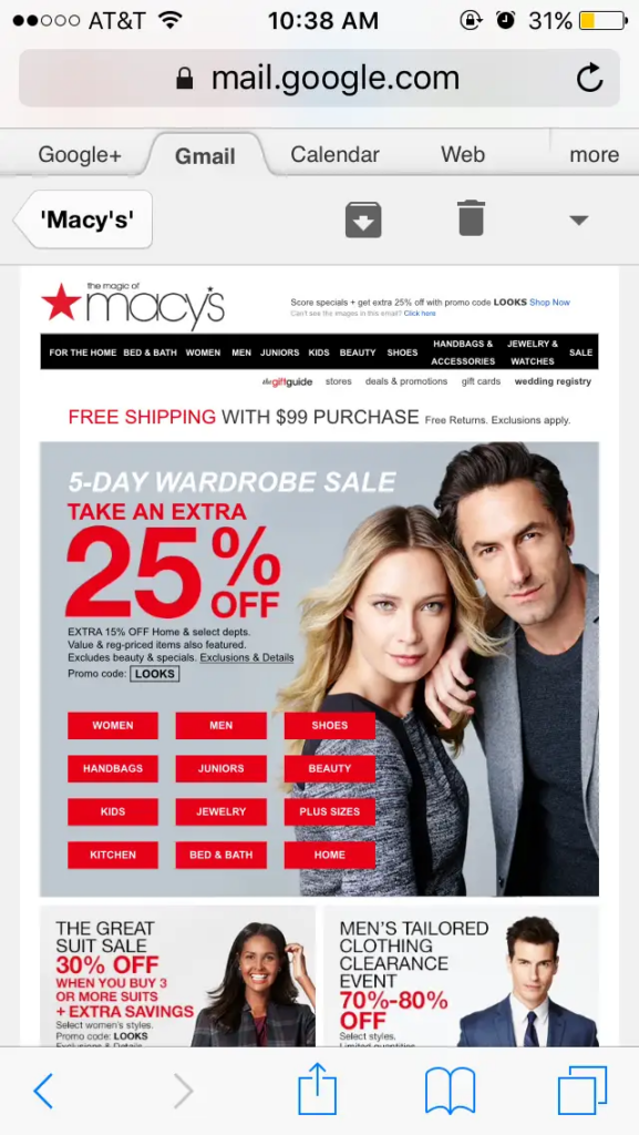 Macy's email that fails to meet standards for responsive email design.